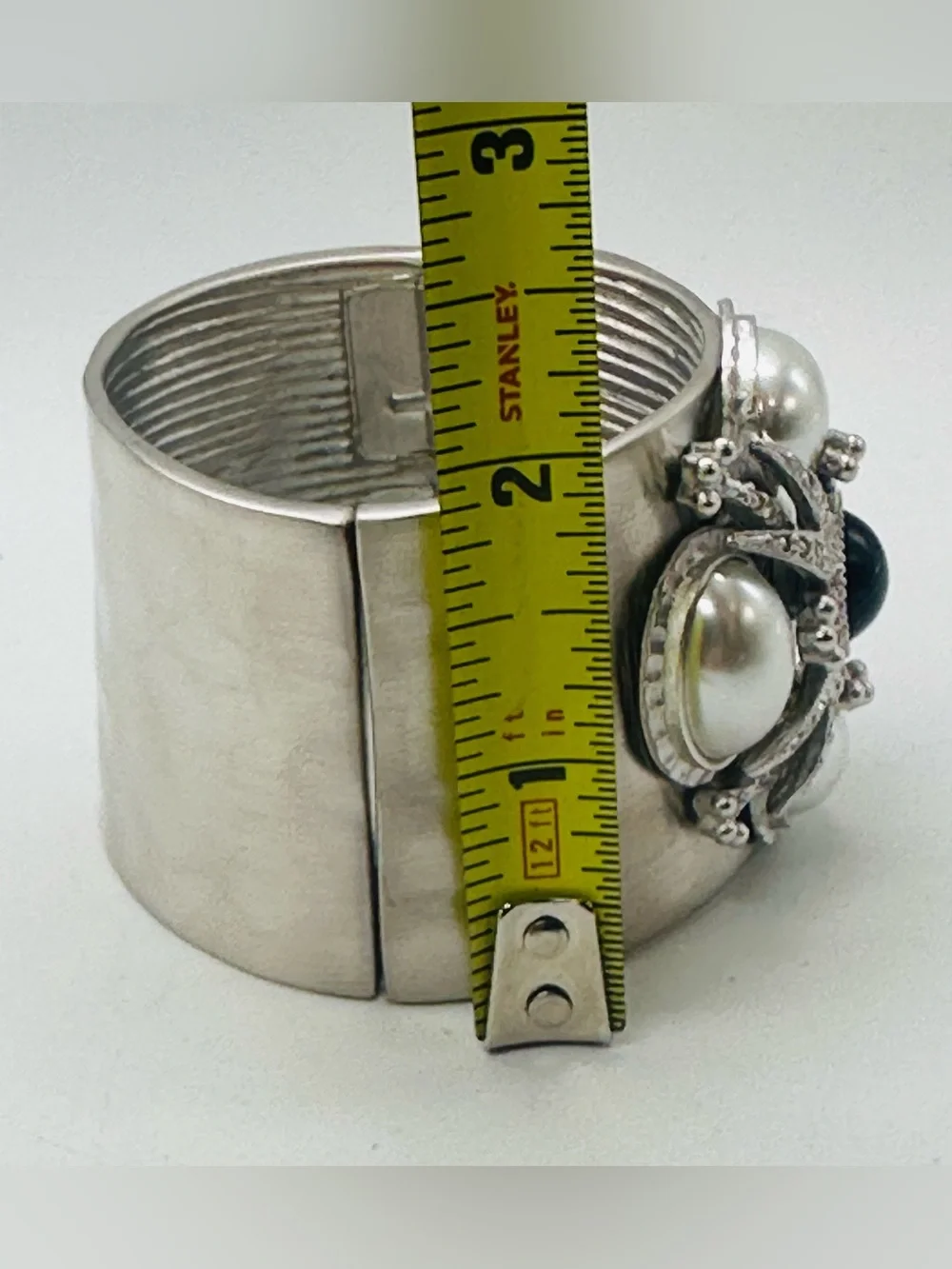 Vintage St John Cuff Bracelet Silver Tone Hinge Bangle Pearl Rhinestone 80s